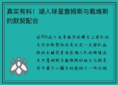 真实有料！湖人球星詹姆斯与戴维斯的默契配合